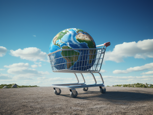 Globus im Einkaufswagen als Symbol für E-Commerce