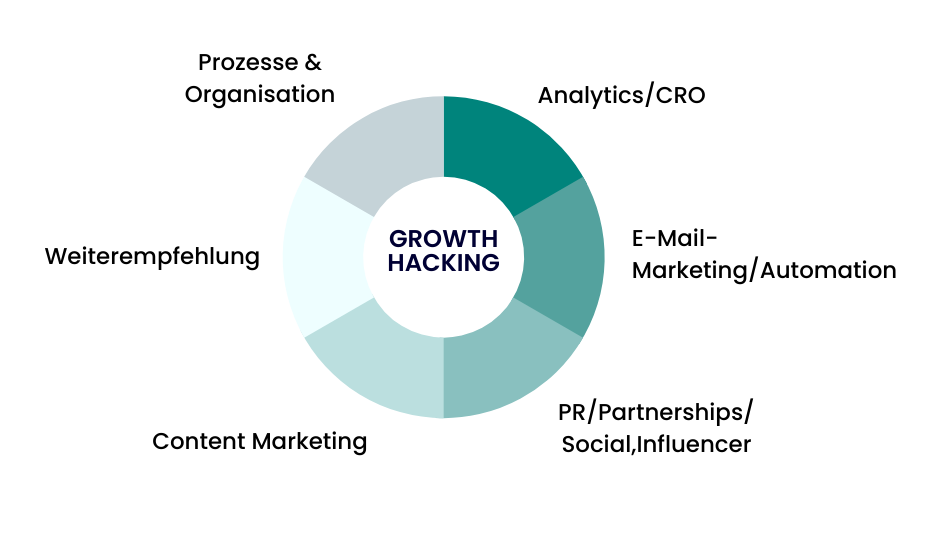 Das Bild zeigt ein Kreisdiagramm, welches Beispiele für Growth Hacking Maßnahmen veranschaulicht. Diese sind Analytics/CRO, E-Mail-Marketing/Automation, PR/Partnerships/Social,Influencer, Content Marketing, Weiterempfehlung, Prozesse & Organisation
