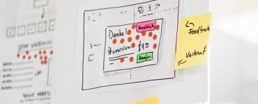 auf dem Bild werden Zeichnungen gezeigt, welche den Workflow eines Marketing Automation Prozesses darstellen. Zusätzlich sind gelbe Post-its angebracht.
