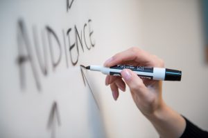 Whiteboard mit Hand, die das Wort Audience schreibt