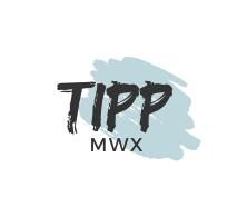Ein Logo mit dem Schriftzug mwx Tipp. Es ist mit einem hellblauen Klecks hinterlegt.