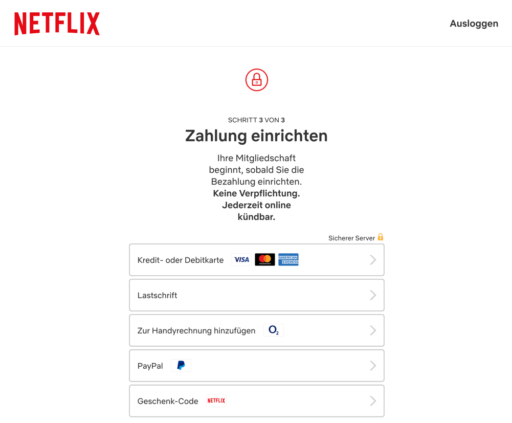 Registrierung bei Netflix, Schritt Zahlart